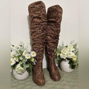 Journee Collection Leopard Print Over-the-Knee Boots - Brown